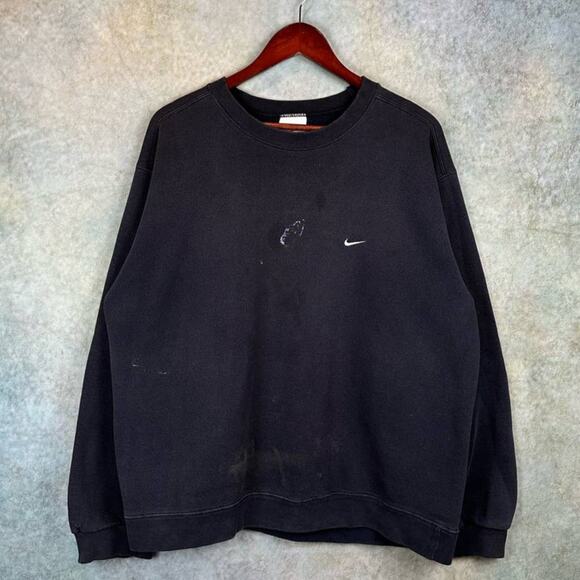 Vintage 90s Nike Crewneck Sweatshirt Mens Sz L Black Swoosh White Logo Pullover - Picture 1 of 8